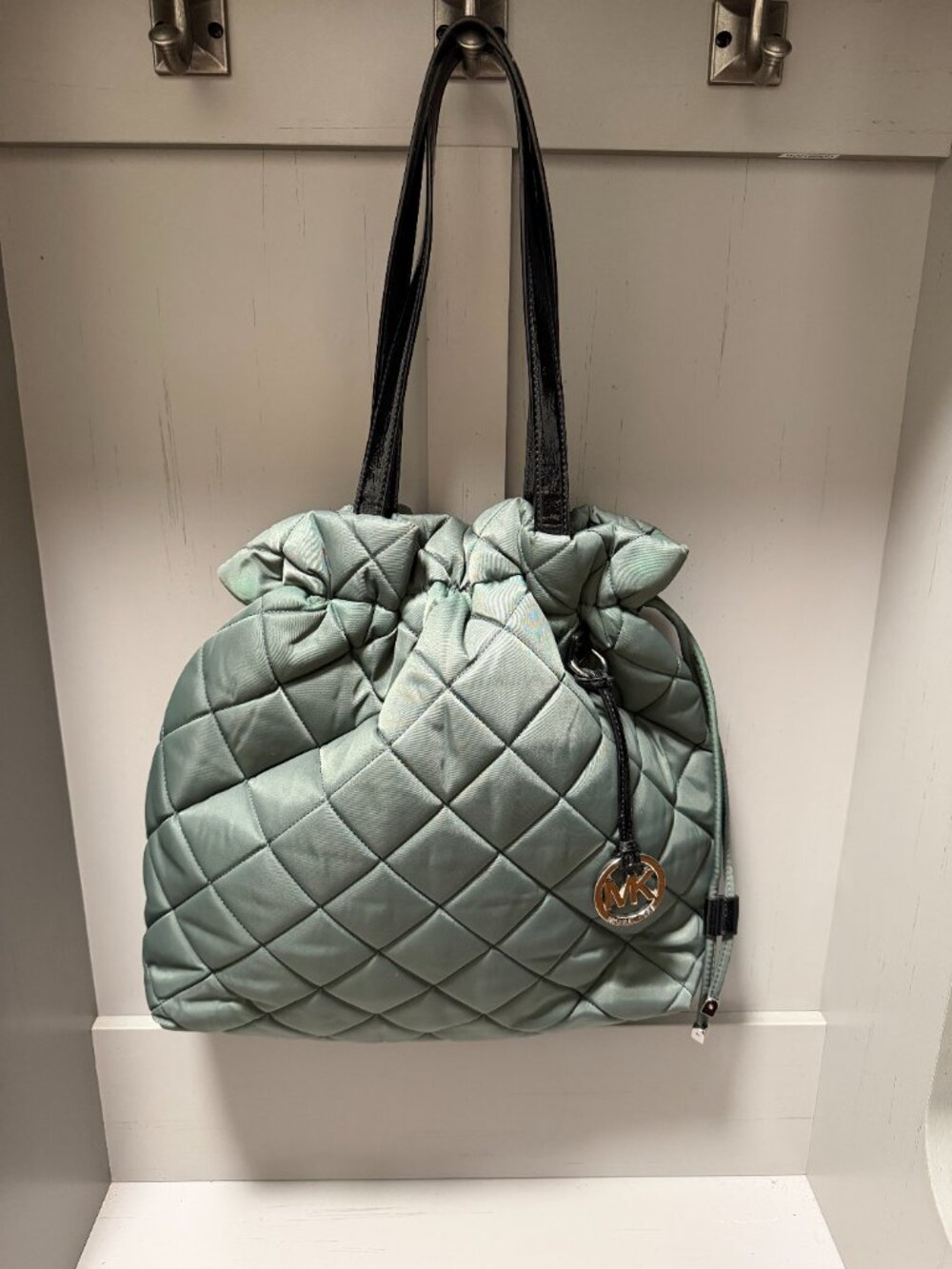 Michael Kors Sage Green Nylon Quilted Drawstring Tote Shoulder Bag with MK charm